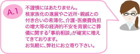 不謹慎にあたりません。核家族化の進展やご近所・親戚との付き合いの希薄化、介護・医療費負担の増大等の経済的不安を背景にご葬儀に関する「事前相談」が確実に増えてきております。